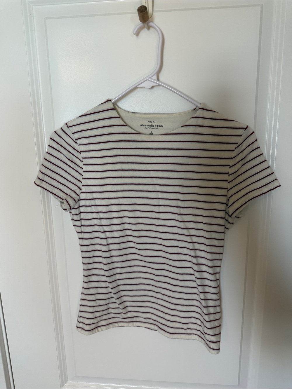 Abercrombie & Fitch Baby Tee Cream with Thin Blue and Red Stripes- Double Lined